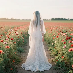 analog photograph of beautiful woman from the back, wearing a long flowing trumpet style lace wedding dress and veil in a poppy field on a small dirt pathway, golden hour, by mark owen. pastel colours. light rays. bokeh. cinematic. hq. detailed. contrast. cinestill 8 0 0 t