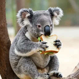 a koala eating a sandwich on a beach