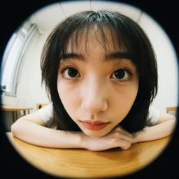 eye level photo of woman sitting at the table, close up, [ fish eye lens ]