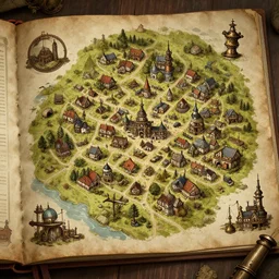detailed steampunk small town map, digital art book concept art