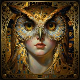 hyper realistic painting of the goddess athena with owl eyes, pattern of owl eyes barely visible in the background, art deco, hr giger, bussiere, art nouveau, gustav klimt, extremely detailed, intricate border, disturbing mood, sinister mood