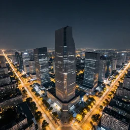 raw photo of modern city aerial, night photography, long exposure, three point perspective, award winning