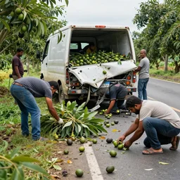 avocado truck accident, people picking avocados from the road, highly detailed photograph