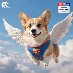 [ corgi with [ wings, spider eyes! ]! wearing a superhero suit ]! flying in [ the sky ]! trending on artstation 4 k digital art cgsociety contest winner artstation hd 8 k detail bright lighting beautiful atmosphere whimsical clouds blue sky