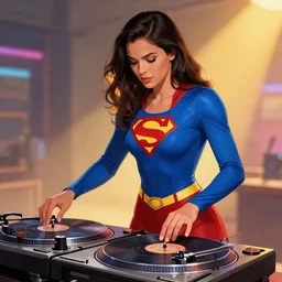 a heroic woman wearing a blue super hero outfit playing on turntables, digital artwork, art station trending, ultra high detail