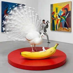a white peacock uses furniture polish on a round red banana by beeple artgerm, gonsalves, amanda sage, bauhaus, pennington, bernardi, kinkade, elson, mcquarrie, lacoste, rhads, syd mead, masson, frank stella, zeitguist, reinaldo, pedro conti, dalmiro buigues, de