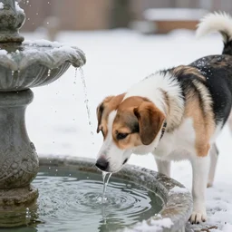 a photo of a dog drinking from a fountain, in winter