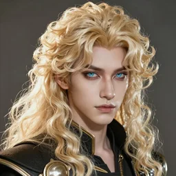 An epic fantasy comic book style portrait painting of a pale androgynous prince Lucius with long fluffy curly blond hair and delicate sharp glass angled features, unreal 5, DAZ, hyperrealistic, octane render, cosplay, RPG portrait, dynamic lighting