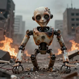 an realistic humanoid animatronic made of rubbish with a creepy happy face, lost look, sparks, destroyed city on fire, broken wires, depth of field, robotic limbs on floor, by Greg Rutkowski and Zdzisław Beksiński, expressive face, synthetic skin, burnt