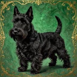 a completely black scottish terrier. green with a gold filigree background. masterful, detailed drawing