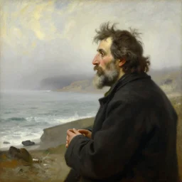 painting portrait of wise man looking at the coast with fog by bouguereau and ilya repin