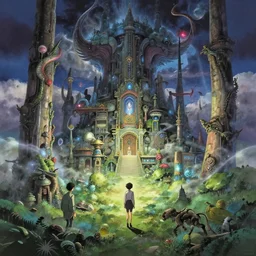 An anime movie background matte painting of a surreal alternate dimension, fantasy, sci-fi, ancient, magical, by Makoto Shinkai, trending on Artstation, highly detailed