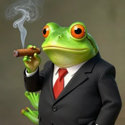 a frog 🐸  wearing a suit smoking a cigar