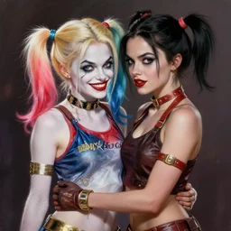 harley quinn and poison ivy romance, hyper detailed masterpiece, digital art painting, realism aesthetic