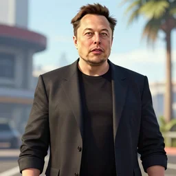 Elon Musk in GTA, hyperrealistic photo, great lens, but video game style, anime, 3D