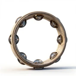 weathered tambourine, stylized 3d render, isolated on a pure white background, centered, entire object in frame, sharp focus, soft studio lighting
