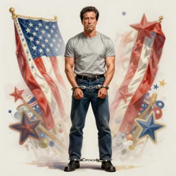 sad steven seagal full body portrait in handcuffs, intricate, highly detailed, digital painting, artstation, concept art, smooth, sharp focus, illustration, whimsical background by marc simonetti, artwork by liam wong, patriotic, handcuffs!!!!!!!!