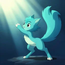 cyan spirit axie pet hitting target by his long spiky tail, fantasy, studio ghibli, clean cel shaded vector art, cinematic lighting, volumetric lighting, smooth, sharp focus, highly detailed, render in unreal engine 5, artstation, deviantart, behance, trending, epic composition, octane, light rays, award - winning