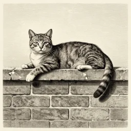 a cat relaxing on top of a brick wall, mezzotint art