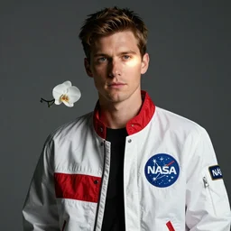 a white man wearing a white and red nasa jacket. bloom and glare. soft light. dramatic composition, dramatic lighting, studio lighting, sharp focus, 8 k monaris. billy dinh