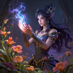 beautiful necromancer girl, sorceress turning into flowers, three - dimensional rendering, hyperrealistic detailed portrait holding light and electricity, ruan jia, clap. scifi, fantasy, magic the gathering, overdetalized, octane rendering, concept art by artgerm, peter murbacher