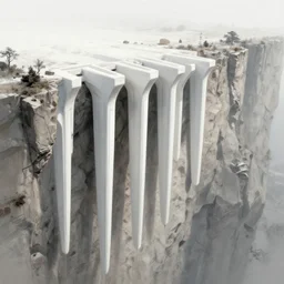 White flying buttresses hanging off the edge of a cliff, concept art by Ruxing Gao, highly detailed architecture