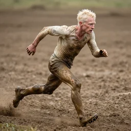 action photography, long shot, award winning macro photo of an ultra detailed muddy the pale man running very fast on mud, dirt and dust, fast shutter speed, motion blur, tiny gaussian blur, highly detailed, highly intricate, depth of field, national geographic