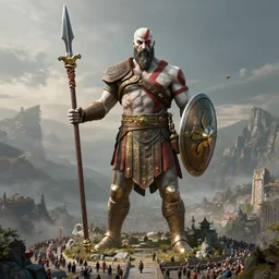 a gigantic 1 0 0 0 foot bronze statue of a kratos holding his spear and shield, god of war, fantasy landscape, thousands of tiny onlookers, photorealistic, atmospheric