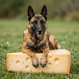 a belgian malinois reclining on a slice of swiss cheese