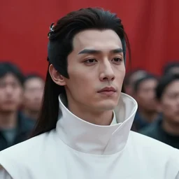 portrait of a regal prince with sharp cheekbones, white clothes, high collar, close up, wistful melancholic hopeful expression, super details, crowd of people out of focus in the background, furious and red background, modern digital art, matte painting, science fiction