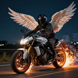 biker with angel wings on a motorcycle, fire from under the wheels, night landscape, details in style