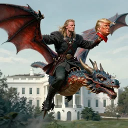 a viking man flies aboard a dragon over the white house, in his hands he holds the severed head of donald trump, highly detailed, concept art, art by wlop and artgerm and greg rutkowski, masterpiece, trending on artstation 8 k