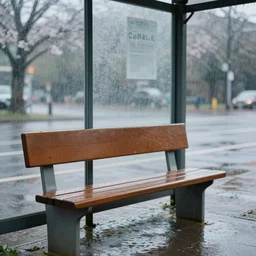 beautiful 8 k mid - shot photo of an empty bus stop bench in the pouring rain of spring, detailed, 4 k resolution, dynamic occlusion lighting