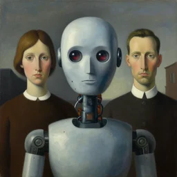 super - intelligent robot with kind eyes portrait, grant wood, pj crook, edward hopper, surrealism, oil on canvas