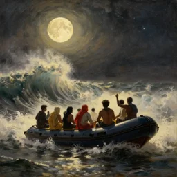 illegal immigrant group in inflatable boat sea big storm, moon light, huge waves, starry night, by rembrandt and greg rutkowski, painting, volumetric light, warm color palette, uplight, illegal immigration, boat people