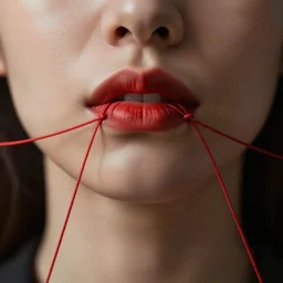 hight focus of a symmetrical portrait of a lady with the lips that are sewn with red thread, dramatic light, cinematic, artstation, poster, octane render 8 k s 1