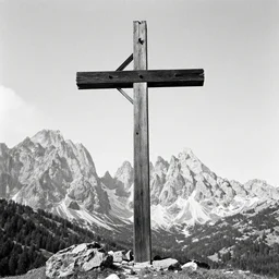 1 9 2 0 s photography of massive old wooden cross standing in alpine dolomite landscape, old wood, broken, black and white, grainy, eerie