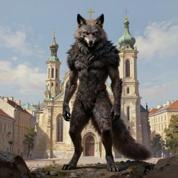 werewolf in the downtown city lviv church of st. elizabeth, portrait, highly detailed, full body, digital painting, trending on artstation, concept art, sharp focus, illustration, art by artgerm and greg rutkowski and magali villeneuve