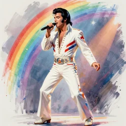 elvis presley performing in a jumpsuit, art by alessandro pautasso, rainbow sketch, paint splash, full body, cell shaded, beautiful