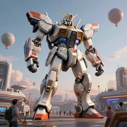a beautiful hyperrealistic ultradetailed 3 d render of a gigantic mecha guarding a sci - fi spaceport, by tuomas korpi : 3, mech, unreal engine, octane render, gigantic, unreal engine, octane render, 3 d, brilliantly coloured, intricate, ultra wide angle, trending on artstation, dusk, volumetric lighting, hdr, polished, micro details, ray tracing, 8 k : 2, people, sphere, balloon, blurry, blur, depth of field, dof, bokeh, obscured, macro : - 1