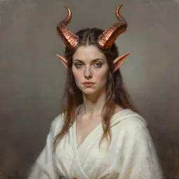 A detailed oil portrait of an elf woman with copper devil horns wearing a simple white robe, by greg rutkowski, trending on artstation, dungeon and dragons art
