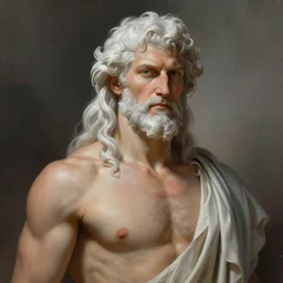 painted portrait of rugged zeus greek god, white hair 4 0 years old masculine, mature handsome upper body muscular torso fantasy, intricate, elegant, extremely detailed digital painting trending artstation concept art heroic portrait sharp focus, illustration, art by greg rutkowski magali villeneuve gaston bussiere