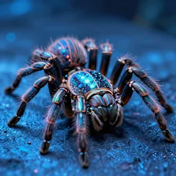 high quality macro photo rococo iridescent tarantula! jewelled very cute! highly detailed david ligare elson peter cinematic blue neon lighting high quality low angle hd 8k sharp shallow depth of field