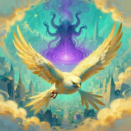 post - minimalism portrait of a magical city bird's eye view, golden clouds, elvish wizards summoning cthulhu from the purple void, vibrant turquoise mystical color scheme, highly detailed, in the style of romanticism, cinematic, artstation, moebius, greg rutkowski