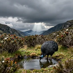 A Moa drinking from a mountain tarn surrounded by alpine shrubs in the Tararua Forest Park, New Zealand. Stormy day