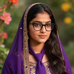 portrait of a cute young hyderabadi female wearing a purple tie with cateye glasses, summer bloom, au naturel, hyperdetailed, digital art, trending in artstation, cinematic lighting, studio quality, smooth render, unreal engine 5 rendered, octane rendered, art style by klimt, nixeu, ian sprigger, wlop, krenz cushart