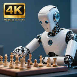 a robot playing chess with Magnus Carlsen, photorealistic, cinematic, 4K, award-winning