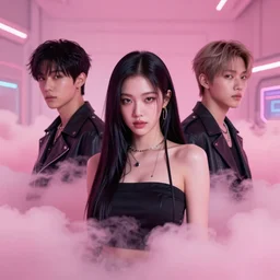 hoyeon jung emerging from pink clouds in cyberpunk theme by conrad roset, takato yomamoto, jesper ejsing,, rule of thirds, seductive look, beautiful