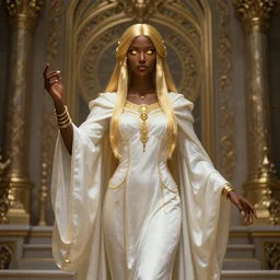 Full portrait of a single Cleric Lady, pearl white robes with golden details, beautiful, detailed face, dark brown skin, supernatural golden eyes, golden straight hair, bracelets, floating, spellcasting, ornamental beautiful temple altar background, highly detailed, high fantasy, dnd, d&d, dungeons and dragons, smooth, sharp focus, no extra characters, digital illustration, by Krenz Cushart and Artem Demura and alphonse mucha, artstation, HD, 4K, midjourney
