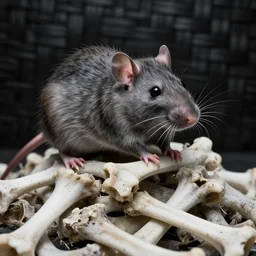 giant rat on top of bone pile greyscale, fine detail, woven black background black sabbath